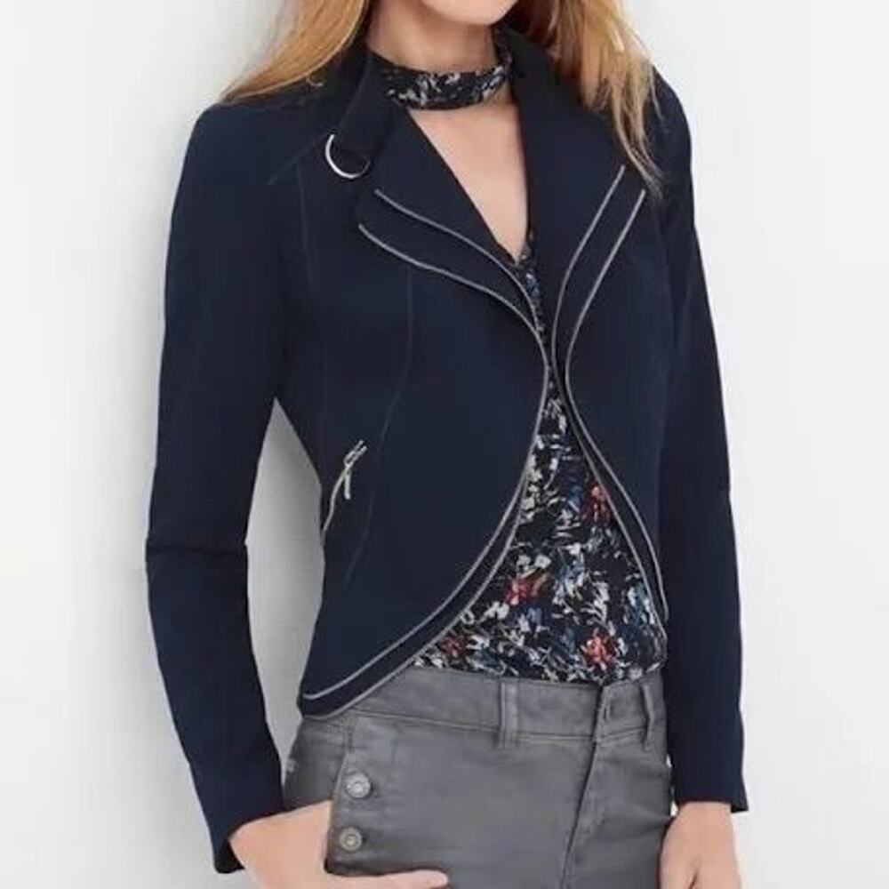 $149 White House Black Market 12/L Navy Asymmetrical Zip Blazer